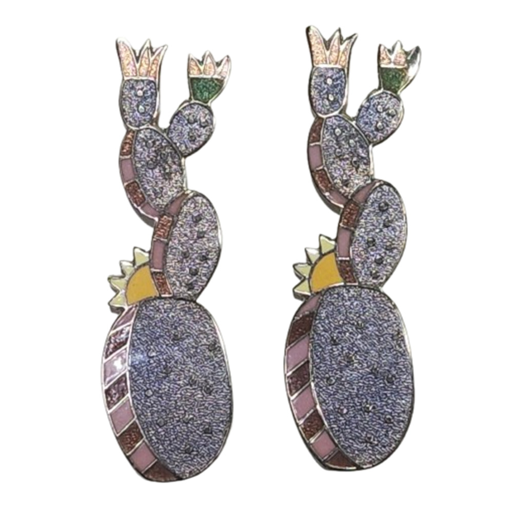 Rare Vtg 1980s Carlos Alveraz Cactus Cloissone Hispanic Artists Acme Earrings